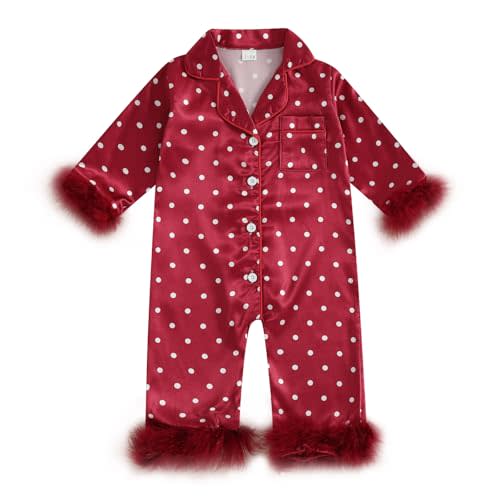 Baby Girl Satin Pajamas Bow Print Silk Romper Pjs Long Sleeve Feather Trim Button Down One-Piece Sleepwear Jumpsuit