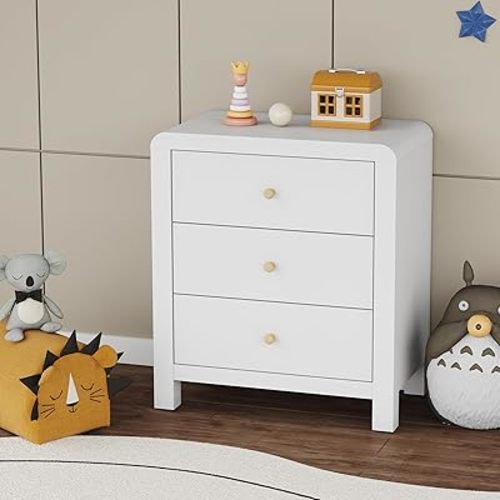 RoyalCraft Drawer Dresser, Modern Chest of Drawers with Rounded Table Corners, Wooden Closet Dresser Nightstand Side Table with Ample Storage Space for Bedroom, Living Room, Entryway (White, 26.97"W)