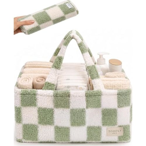Baby Diaper Caddy Organizer with Waterproof Changing Pad, Checkered Green