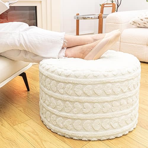Round Pouf Ottoman 20x14 Inches Soft Heart Printed Footstool Ottomans for Living Room Comfort Floor Pouf Modern Foam Stuffed Poofs Perfect to Rest Your Feet for Couch Desk Ivory