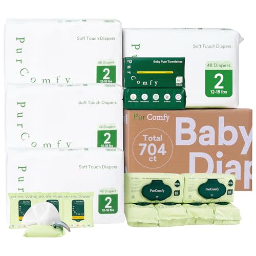 PurComfy Baby Diapers and Wipes Kit, Size 2, Baby Wipes, Baby Dry Wipes | Includes Size 2 (192Ct), 6 Pack (360Ct) Baby Wipes, 2 Pack (120Ct) Dry Wipes, 4 Pack Tavel Wipe, Total 704 Ct, Plant Based