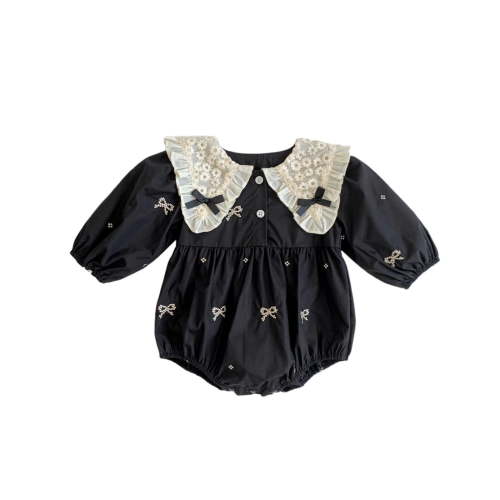XAOWF Baby Girl Romper Peter Pan Collar Ruffles Long Sleeve Cute Bow Printed Bodysuit Everyday Wear Relaxed Fit Stylish Rompers 0-3 Months