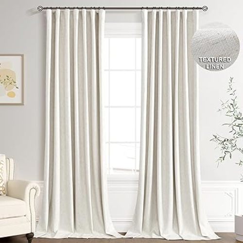 Joywell 100% Blackout Linen Curtains 108 Inches Long for Bedroom Large Window 9 FT Natural Black Out Curtain Back Tab Hook Belt Room Darkening Drapes Floor to Ceiling Cream Ivory 2 Panel,52 x 108