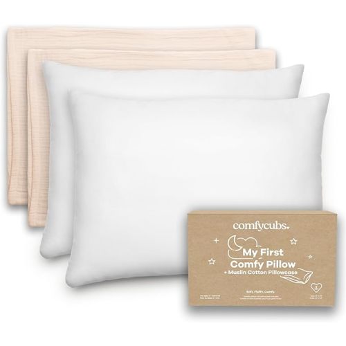 Comfy Cubs Toddler Pillow with Muslin Pillowcase, 13 x 18 in, 2 Pack - Travel and Sleep Support for Kids - Lightweight, Breathable Microfiber Fill - Soft and Cozy Small Pillow for Toddlers - Cream