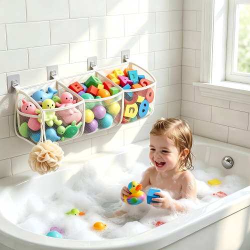 DEKEones Bath Toy Storage Organizer with 3 Compartments, Large Openings, Mesh Material
