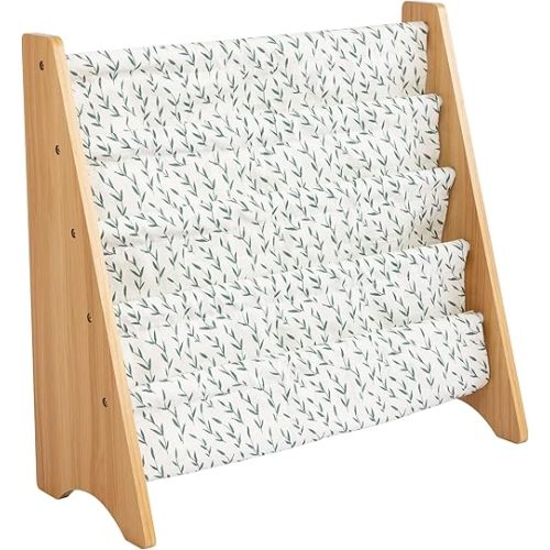 Humble Crew 4-Tier Kids Bookshelf, Natural/White/Green - Premium Book Shelf for Kids Rooms with Four Deep Pockets - Toddler Sling Book Rack with Deep Sleeves, Nursery Bookcase Organizer