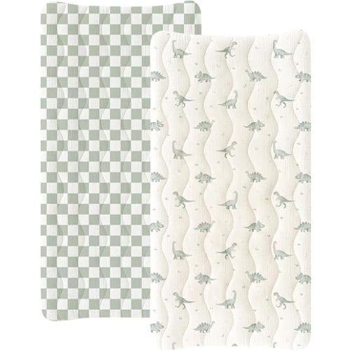 Konssy 2 Pack Quilted Muslin Changing Pad Cover, Waterproof Layer 32" x 16"