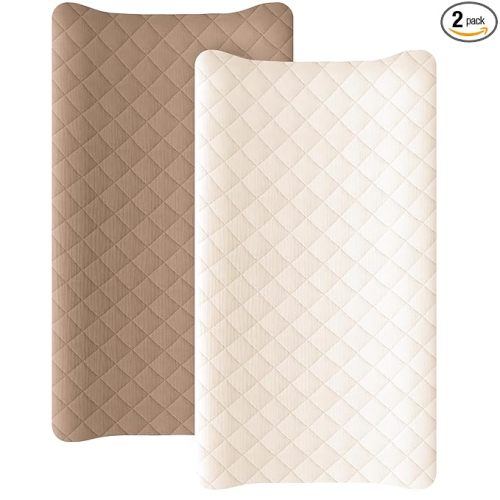 Konssy Waterproof Muslin Changing Pad Cover 2 Pack, Quilted Cotton Fitted Diaper Changing Table Cover, Soft Changing Pad Sheets for Girls Boys (Brown, Cream)