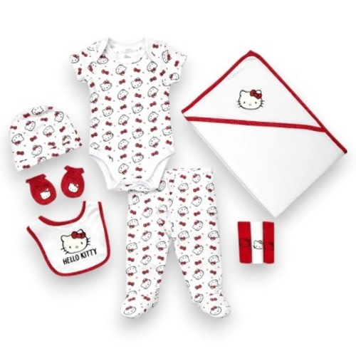 Hello Kitty Baby Girls' 10-Piece Essential Layette Set-Bodysuit, Footed Pants with Beanie, Bib, Mittens, 3pc Washcloths & Blanket, White, Newborn