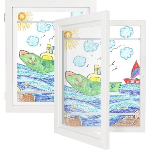 iRahmen Kids Art Frames 9x12 Set of 2 - Front Opening Childrens Picture Frame Changeable, Wood Artwork Display Storage for Wall Mount, Magnetic Door Holds 50 Art Pieces for Drawings, 3D Picture, Crafts, Portfolio, White