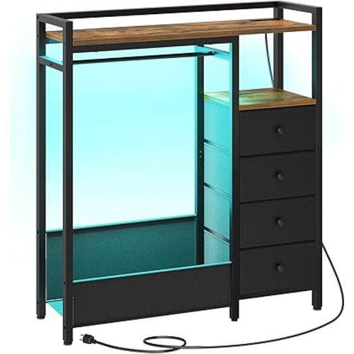 YATINEY Bedroom Dresser with Clothes Rack, 4 Drawer Dresser with Charging Station and LED Light, Chest of Drawers for Bedroom, Closet Organizer with Hanging Rack and 2-Tier Shoe Rack, Rustic Brown