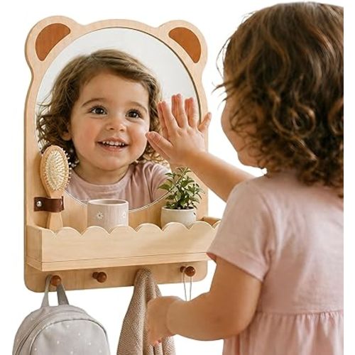 Montessori Mirror with Hooks and Shelf, Toddler Self-Care Station with Sensory Mirror, Nursery Wooden/Acrylic Wall Mirror for Kids Playroom, Living Room, Entryway, Bedroom, Bathroom