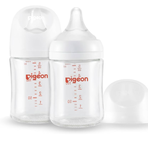 Pigeon Glass Nursing Bottle Wide Neck, Anti-Colic, Streamlined Body, Natural Feel, Easy to Clean, Heat-Resistant, 5.4 Oz (Pack of 2), Includes 2pcs SS Nipples (0m+)