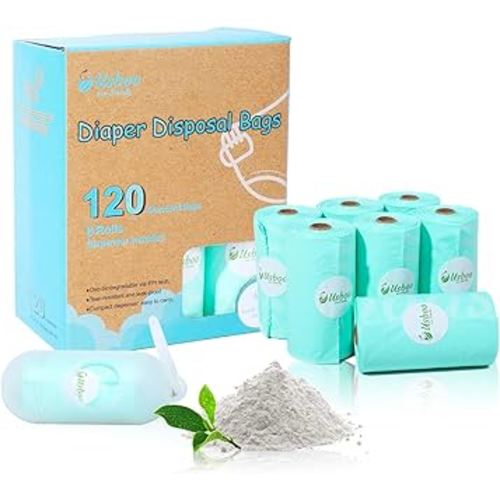 Diaper Bags Disposable for Baby - Fresh Powder Scent, 8 Refill Rolls (120 Pack) Diaper Trash Bags with Dispenser, Diaper Bag Accessory