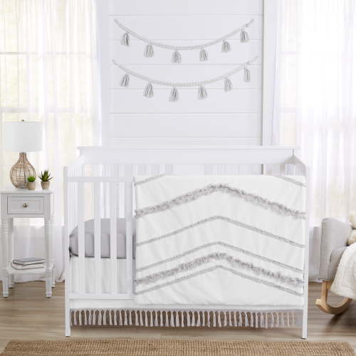 Sweet Jojo Designs Boho Fringe White Grey 4 Piece Crib Bedding Set
