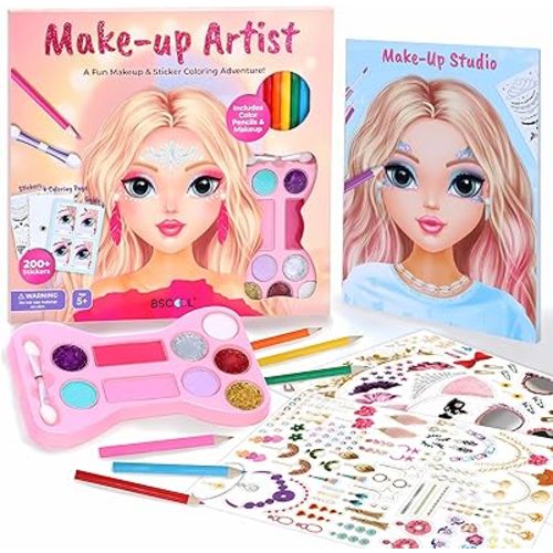 BSCOOL Make-up Artist. 3 in 1 Fun Makeup, Sticker, Coloring Kit, Includes Color Pencils, Makeup Palette, and 200+ Stickers. for Girls Ages 5,6,7,8. Christmas Gift for Girls