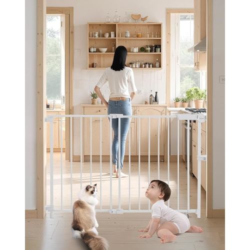 VEVOR Baby Gate, 29.5-43 Inches Adjustable Width, 28 Inches High Dog Gate, No Threshold Bar, Easy Step Walk Thru, for Child Pet Security, with Screws, One-Hand Open, for Stairs and Doorways, White