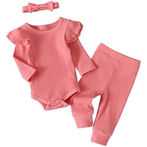 Kulcerry Newborn Infant Baby Girl Clothes Solid Color Ribbed Long Sleeve Romper Pants Headband Outfits Set