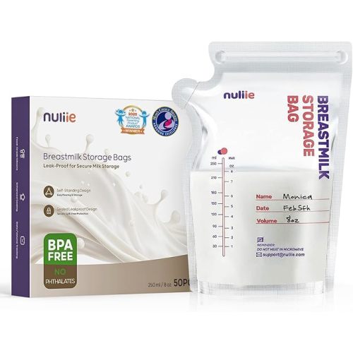 Nuliie 50 Pcs Breastmilk Storage Bags, 8 OZ Breast Milk Storing Bags, BPA-Free, Milk Storage Bags with Pour Spout for Breastfeeding, Self-Standing Bag, Space Saving Flat Profile