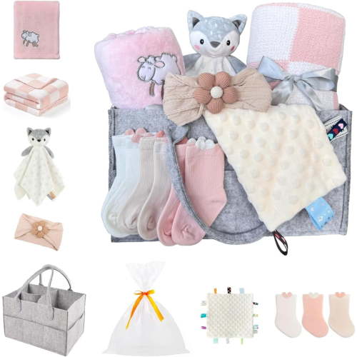 CREVENT Gift Set for Girls -Diaper Caddy Organizer Basket with 2 Blankets, 1 Taggie, 1 Lovey, 3 Socks，1 Headband，1 Gift Bag with Ribbon - Newborn Essential Baby Shower (Pink)