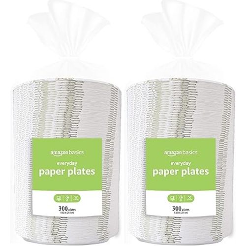 Amazon Basics Everyday Paper Plates, 8.62 Inch, Disposable, 600 Count (300 pack of 2)