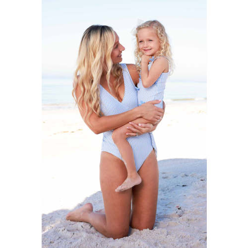 Women's Criss Cross One-Piece Swimsuit | Seersucker Blue