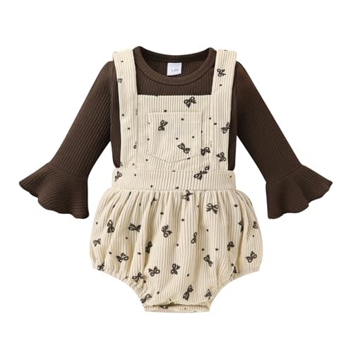 Tiny Cutey Newborn Baby Girl Clothes Bell Sleeve Romper and Corduroy Overalls Shorts Infant Girl Fall Outfits