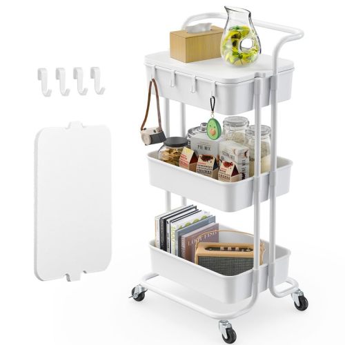 Pipishell 3 Tier Rolling Cart with Table Top, Utility Cart with Wheels & 4 Hooks, Rolling Storage Cart for Home Storage and Organization, White, PIUC09W