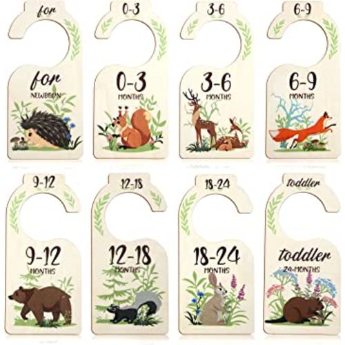8pcs Baby Closet Dividers, Cute Wooden Month Closet Dividers with Animal Patterns Baby Clothes Organizer from Newborn to 24 Months Nursery Hanger Decor for Infant Clothing Storage