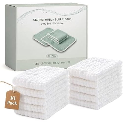 10 Pack Ultra Soft Muslin Burp Cloths for Baby, 100% Cotton 20x10 Inch Thicken 6-Layer Super Absorbent Baby Washcloths, Newborn Essentials for Spit Up, Unisex Baby Shower Gifts Face Towels