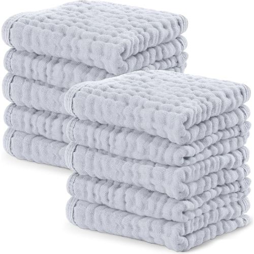 Comfy Cubs Muslin Baby Washcloths 10 Pack - Soft 6-Layer Cotton Wash Cloths for Sensitive Skin - 10"x10" Large, Gentle, Absorbent Infant Essentials for Newborn and Toddlers - Slate
