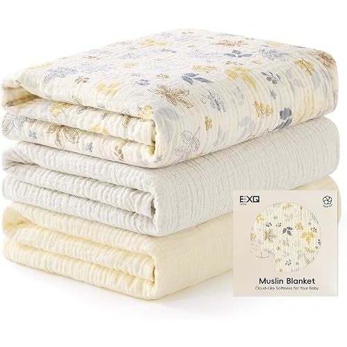 EXQ Home Muslin Swaddle Blankets for Baby, 3 Pack Cotton Breathable Soft Receiving Blankets for Newborn Boys and Girls, Baby Essentials & Gift, 38x40 inches(Forest Whisper)