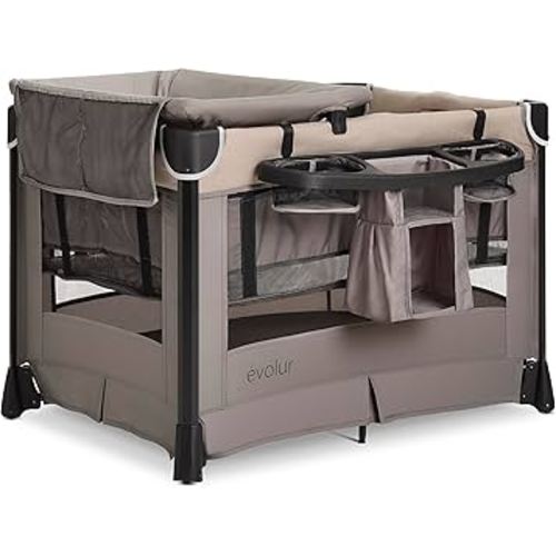Evolur Cozy Cove All-in-One Portable Playard with Bassinet & Changing Table – Quick-Fold Travel Playard with Breathable Mesh Sides (Newborn–Toddler) Biege