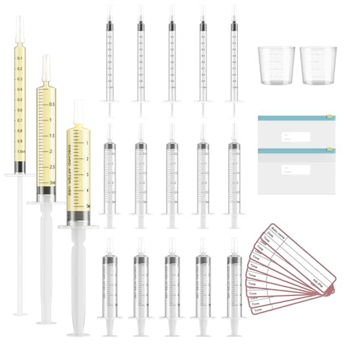 30 Sets 1/3/5ml Colostrum Collector with Caps, Colostrum Collection Kit Includes 30pcs Sterile Syringes, 2 Measuring Cup, 2 Storage Bags, 30 Labels (No Needle Breast Milk Syringe )