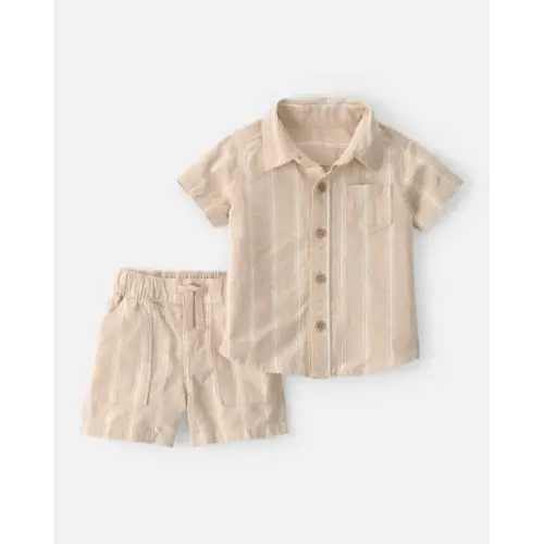 Baby Boy 2-Piece Stripe Collared Shirt & Short Set - Khaki | Carter's