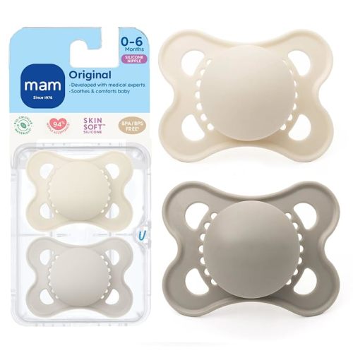 MAM Original Baby Pacifier 0-6 Mths, Skin Soft Silicone Nipple, 2 Pack