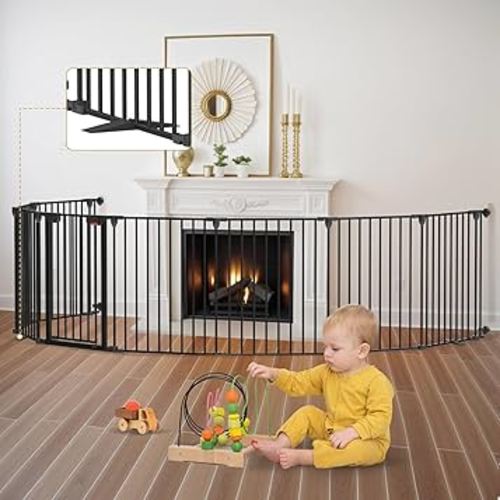Baby Gate 27.5"-199" Extra-Wide Playpen with Stands, Play Yard Child Safety Fence, Dog Gate with Auto-Close Door, Double Locking System for Fireplace, Foldable 8 Panels, Black 29" Height