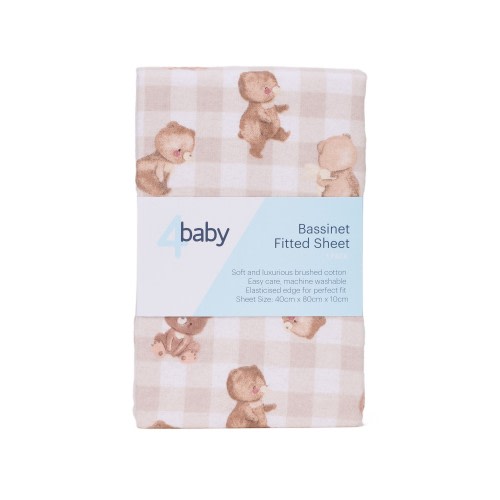 4Baby Flannel Bassinet Fitted Sheet Gingham Teddies