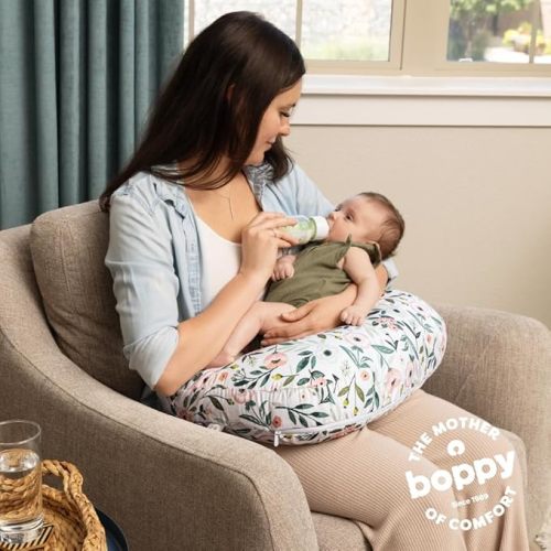 Boppy Nursing Pillow - Firm, Ergonomic U-Shaped Bottle and Breastfeeding Pillow with High Lift for Comfort and Support, Spacious Surface - Pink Garden Flowers