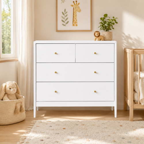 Miniyam 4 Drawer Dresser, White Chest of Drawers for Bedroom, Nursery and Kids Room