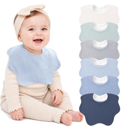 Bearmoss Muslin Baby Bibs for Drooling & Teething Cotton Drool Bib 6 Pack | Soft Absorbent Adjustable Bibs for Unisex Boys and Girls,Easy to Clean for Infant,Toddler, Newborn,Wider design,0-36 Months