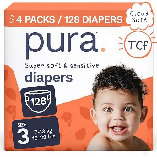 Pura Baby Diapers Size 3 (16-28 lbs) 128 Count Sensitive Skin