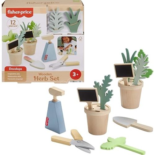 Fisher-Price Wood Pretend Play Toy Herb Garden & Tools Set, 12-Piece Wooden Playset for Preschool Kids Ages 3+ Years