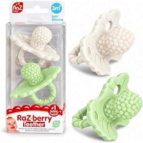 RaZbaby RaZberry Silicone Teether Pacifier – Teething Relief for Infants, Food-Grade, BPA-Free, Hands-Free, Natural Berrybumps Fruit Texture for Sensory Development, Freezable, 2-Pack - Green & White