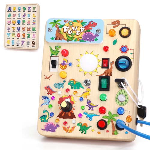 Dinosaur Busy Board Games, Montessori Toys for 1+ Year Old, Wooden Toddler Travel Toys