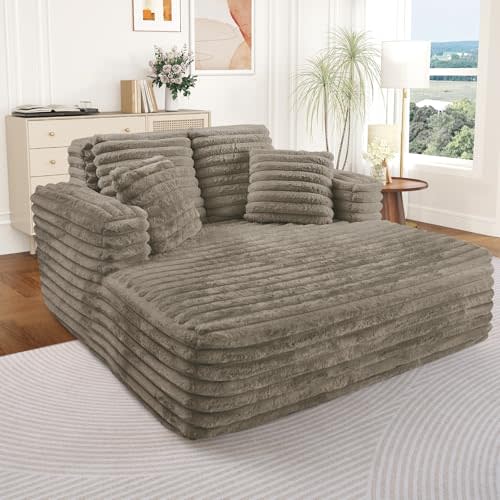 Oversized Chaise Lounge Indoor, Modern Plush Faux Fur Fabric Deep Seat Boneless Memory Foam Sleeper Chaise Lounge Sofa Chair with Pillows for Living Room Bedroom Studio, No Assembly Couch, Brown