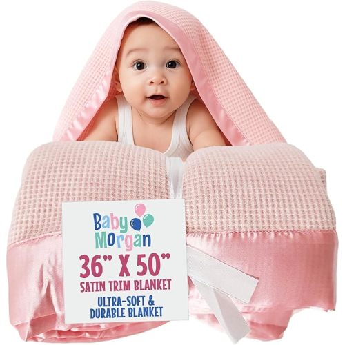 Blankets Thermal Waffle Baby Blanket Crib Bedding - Soft Cozy Warm Infant Thermal Cover for Nursery Stroller or Bassinet, Lightweight Ideal Shower Gift, Satin Trim Pink 36" x 50"