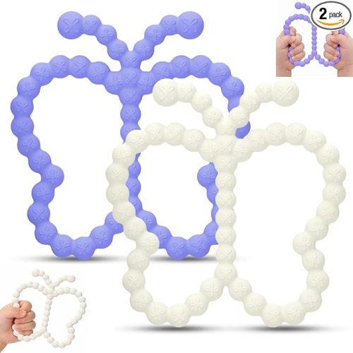 2 Pcs Baby Teething Toys Silicone Butterfly Teething Rings Over 3 Months - Baby Essentials Sensory Chew Toys -Baby Teether for Teething Relief -BPA Free Infant Toys Baby Shower Gifts (2, White,Purple)