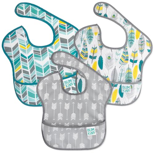 Bumkins Bibs for Girl or Boy, SuperBib Baby and Toddler for 6-24 Months, Essential Must Have for Eating, Feeding, Baby Led Weaning Supplies, Mess Saving Catch Food, 3-pk Feathers, Arrows and Quill