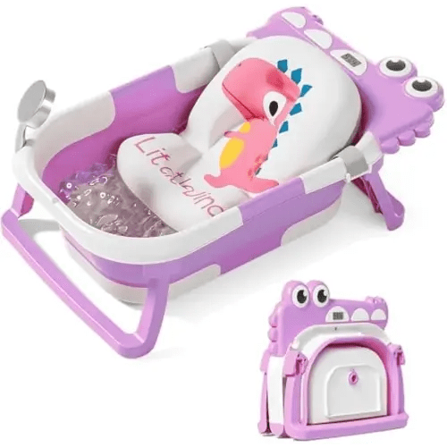 TPN Collapsible Baby Bathtub, Baby Bath Tub with Soft Cushion & Real-Time Thermometer, Baby Bathtub Infant to Toddler Tub (0-36 Months), Portable Travel Baby Tubs for Newborns (Lavender)